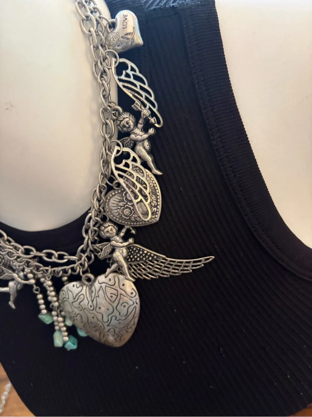 Vintage Inspired Silver Angel Heart Charm Necklace